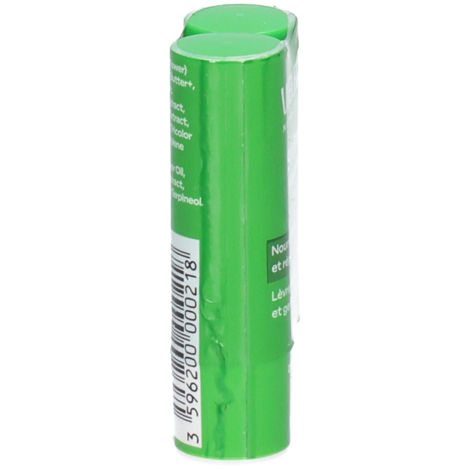 Grüne Lippenpflegestifte in Folienverpackung. Aufgedruckt: Barcode. Rückseite mit Inhaltsstoffen und Herstellerinformationen. 2 Stifte.