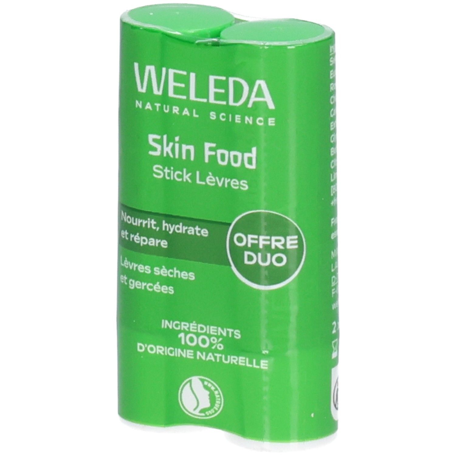 Grüner Lippenpflegestift-Doppelpackung. Aufschrift: WELEDA, Skin Food Stick Lèvres. Text: Nourrit, hydrate et répare. Lippenpflege für trockene Lippen.