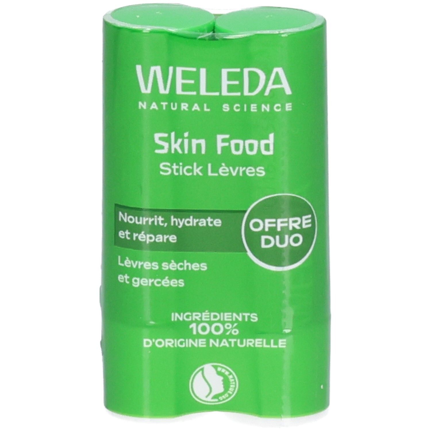 Grüner Lippenpflegestift-Doppelpackung. Aufschrift: WELEDA, Skin Food Stick Lèvres. Text: Nourrit, hydrate et répare. Lippenpflege für trockene Lippen.