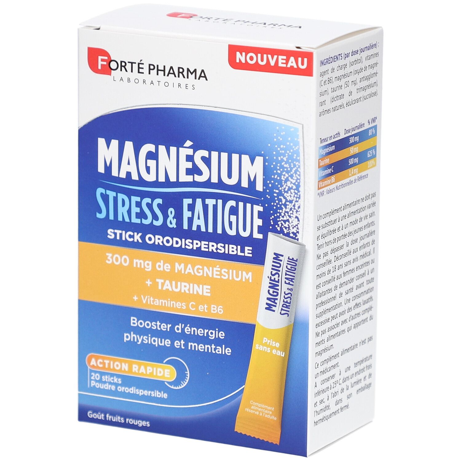 Boîte FORTE PHARMA MAGNÉSIUM STRESS & FATIGUE. Contient 20 sticks. Un stick visible. Texte : 300 mg de magnésium, taurine, vitamines C & B6.