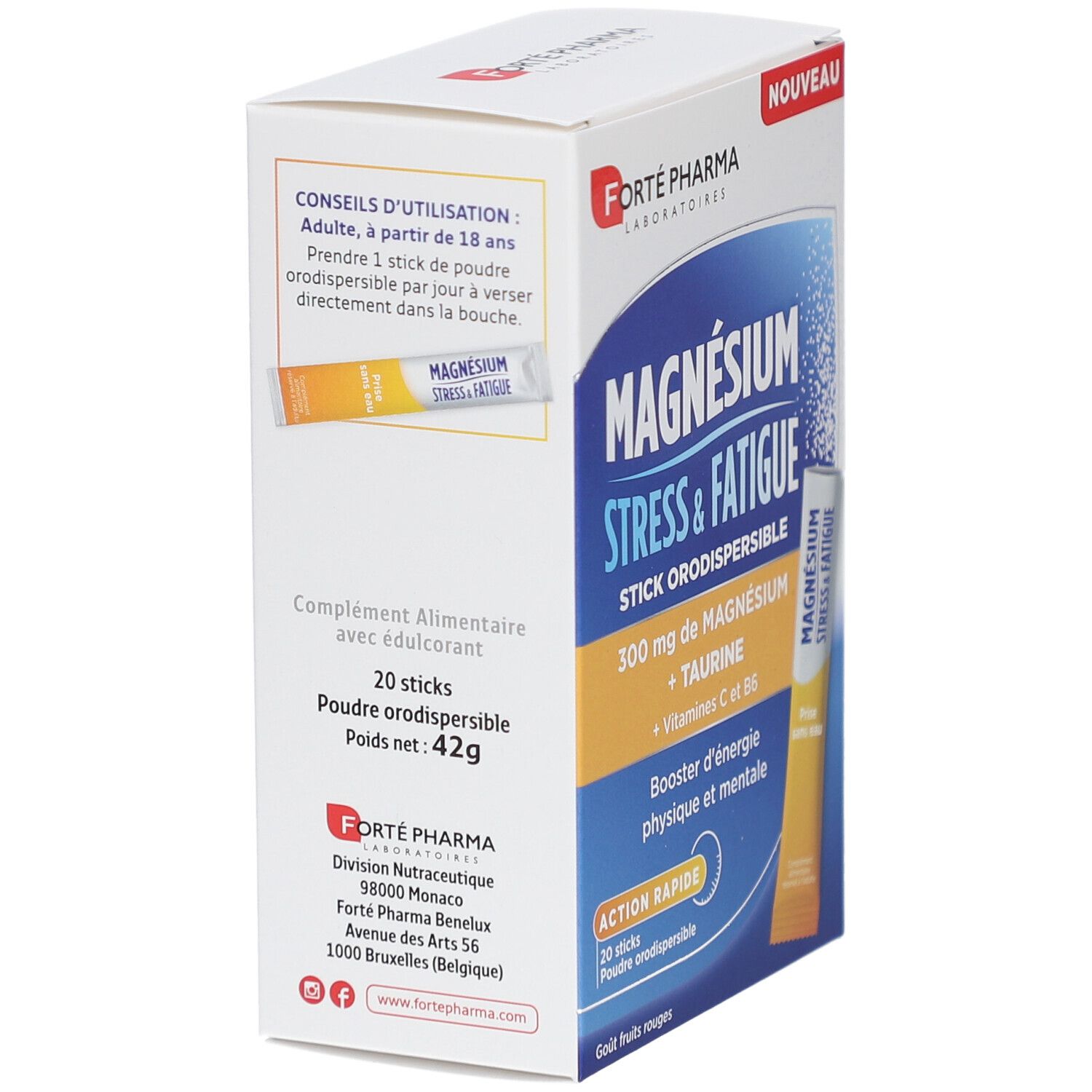 Boîte FORTE PHARMA MAGNÉSIUM STRESS & FATIGUE. Contient 20 sticks. Produit et emballage. Texte : 20 sticks, 42g.