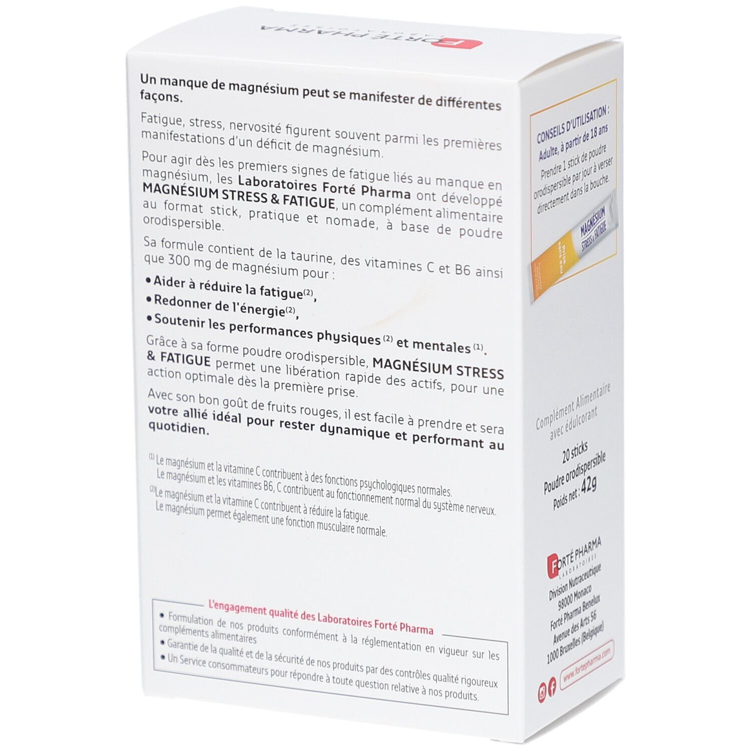 Dos de la boîte FORTE PHARMA MAGNÉSIUM STRESS & FATIGUE. Texte sur la carence en magnésium et les ingrédients. Contient 20 sticks.