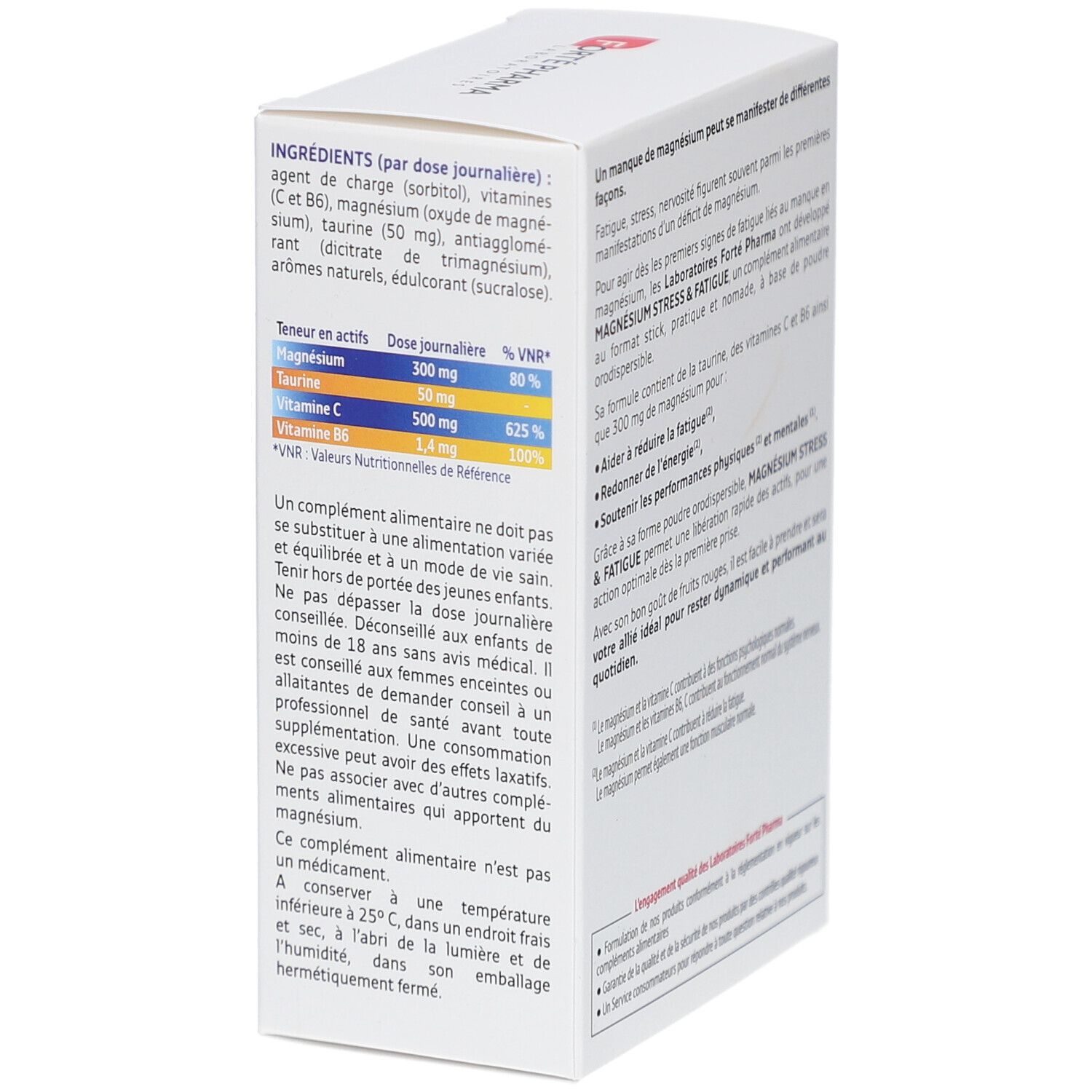 Côté de la boîte FORTE PHARMA MAGNÉSIUM STRESS & FATIGUE. Texte sur les ingrédients et les valeurs nutritionnelles. Contient 20 sticks.