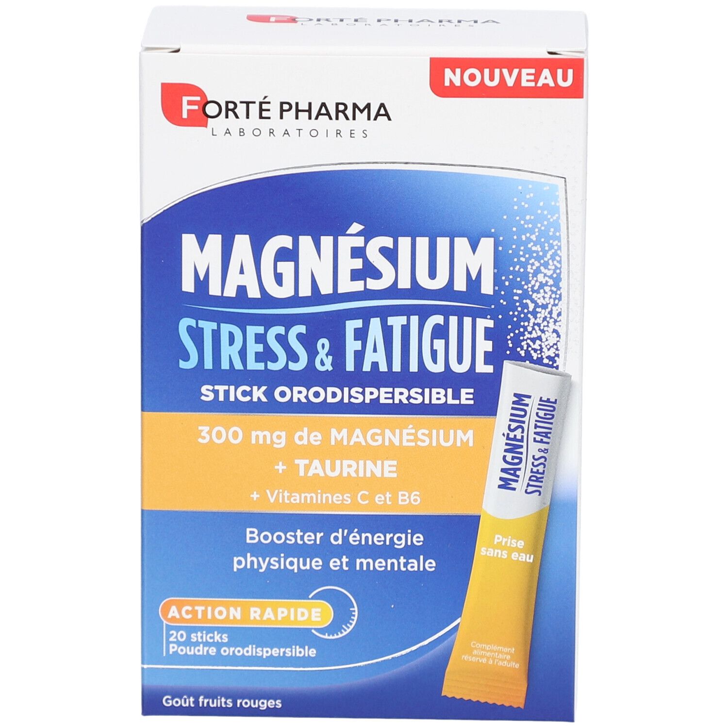 Boîte FORTE PHARMA MAGNÉSIUM STRESS & FATIGUE. Contient 20 sticks. Texte : 300 mg de magnésium, taurine, vitamines C & B6. Action rapide.