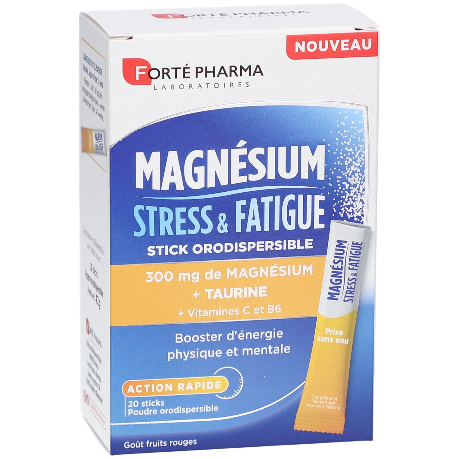 Boîte FORTE PHARMA MAGNÉSIUM STRESS & FATIGUE. Contient 20 sticks. Texte : 300 mg de magnésium, taurine, vitamines C & B6.