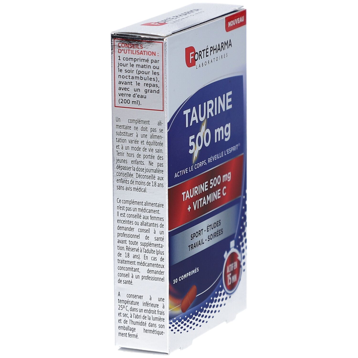 Schachtel FORTE TAURINE 500 mg. Enthält 30 Tabletten. Rückseite mit Text. Blaue und rote Farbgebung.
