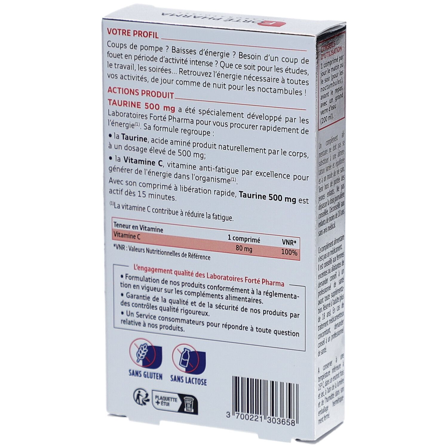 Rückseite der Schachtel FORTE TAURINE 500 mg. Enthält Text und Nährwertangaben. Gluten- und laktosefrei.