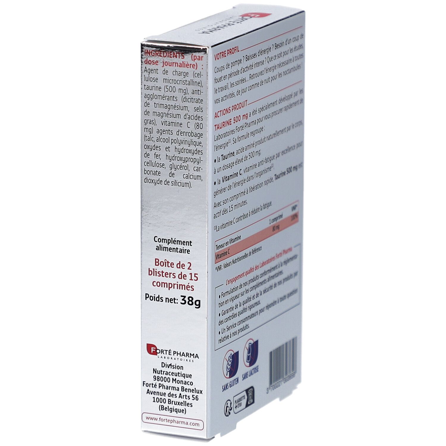 Seite der Schachtel FORTE TAURINE 500 mg. Enthält Text und Nährwertangaben. Gluten- und laktosefrei.