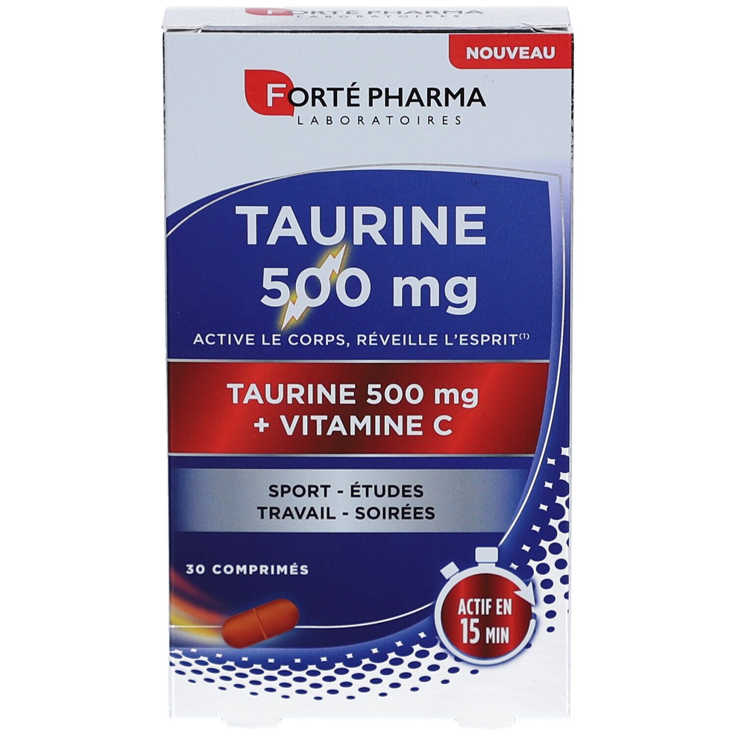 Schachtel FORTE TAURINE 500 mg. Enthält 30 Tabletten. Blaue und rote Farbgebung. Mit Vitamin C.