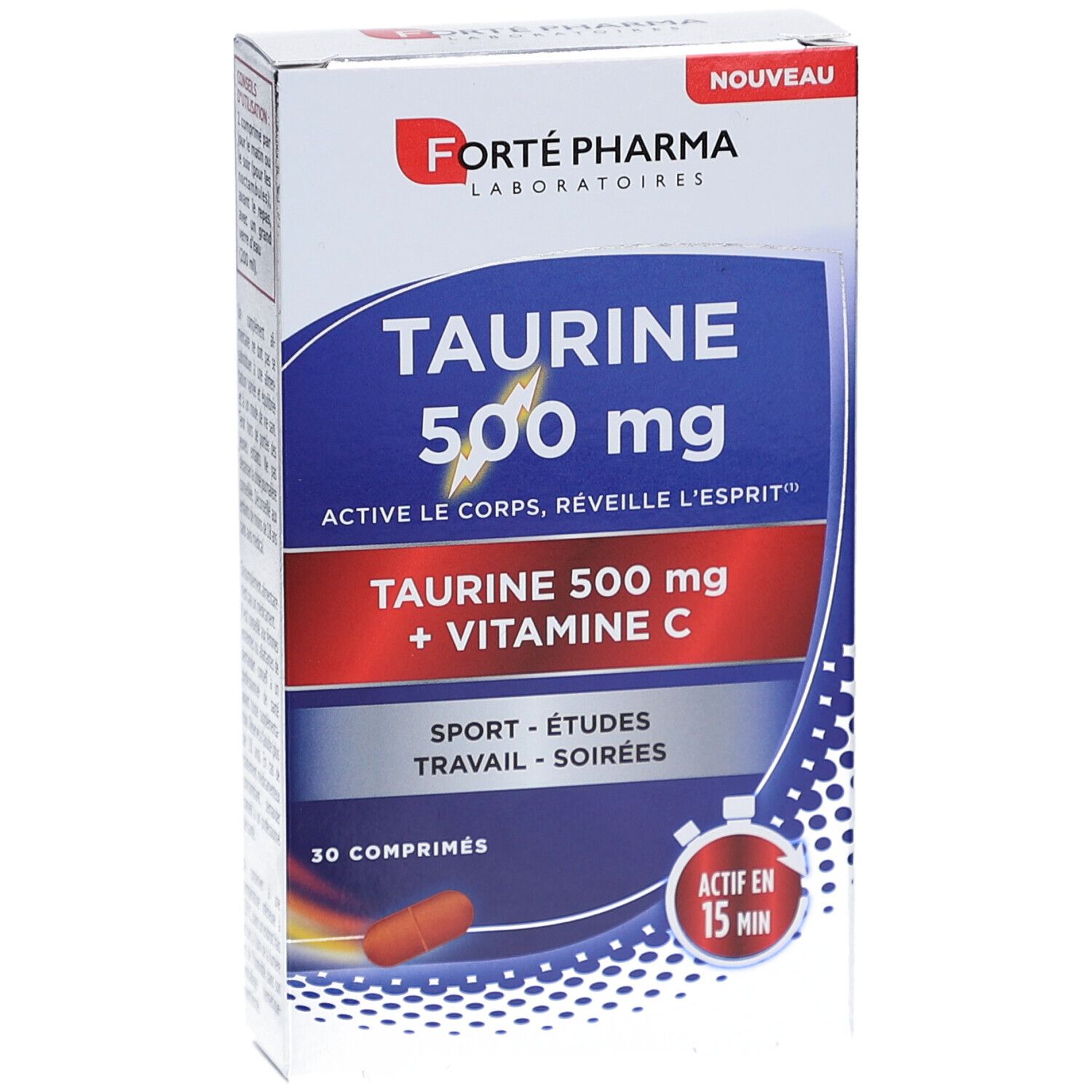 Schachtel FORTE TAURINE 500 mg. Enthält 30 Tabletten. Blaue und rote Farbgebung. Mit Vitamin C.