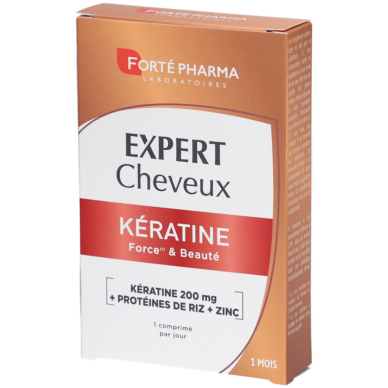 Karton mit EXPERT Cheveux Kératine. Roter Streifen mit Text. Marke: Forté Pharma. Enthält Keratin, Reisproteine und Zink. 1 Monat.