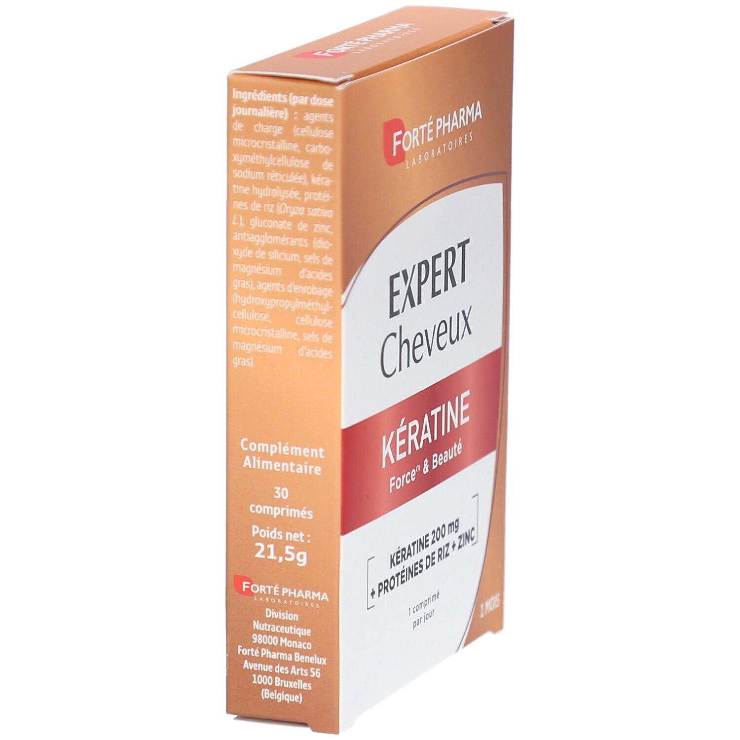 Karton EXPERT Cheveux Kératine. Inhaltsstoffe und Nährwertangaben. Marke: Forté Pharma. 30 Tabletten. Gewicht: 21,5g.