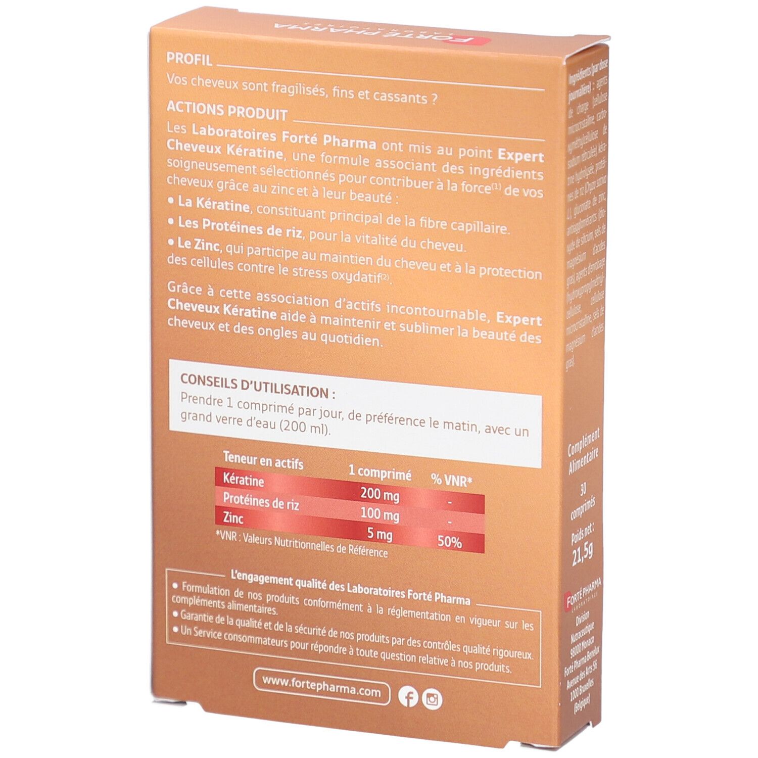 Rückseite der Kartonverpackung. Text über Produktvorteile und Anwendung. Marke: Forté Pharma. Enthält Keratin, Reisproteine und Zink.