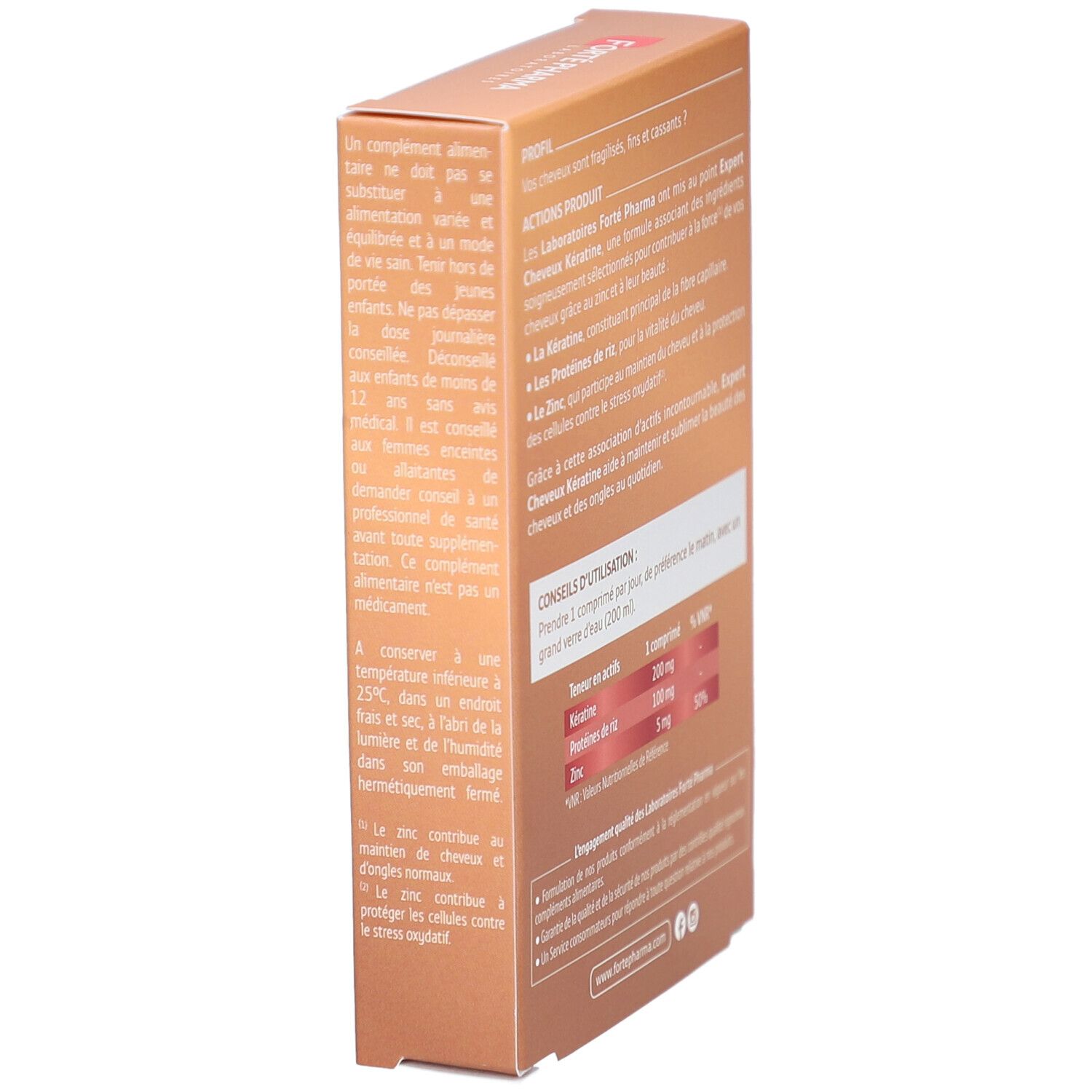 Seitenansicht der Kartonverpackung. Text über Produktvorteile und Anwendung. Marke: Forté Pharma. Enthält Keratin, Reisproteine und Zink.