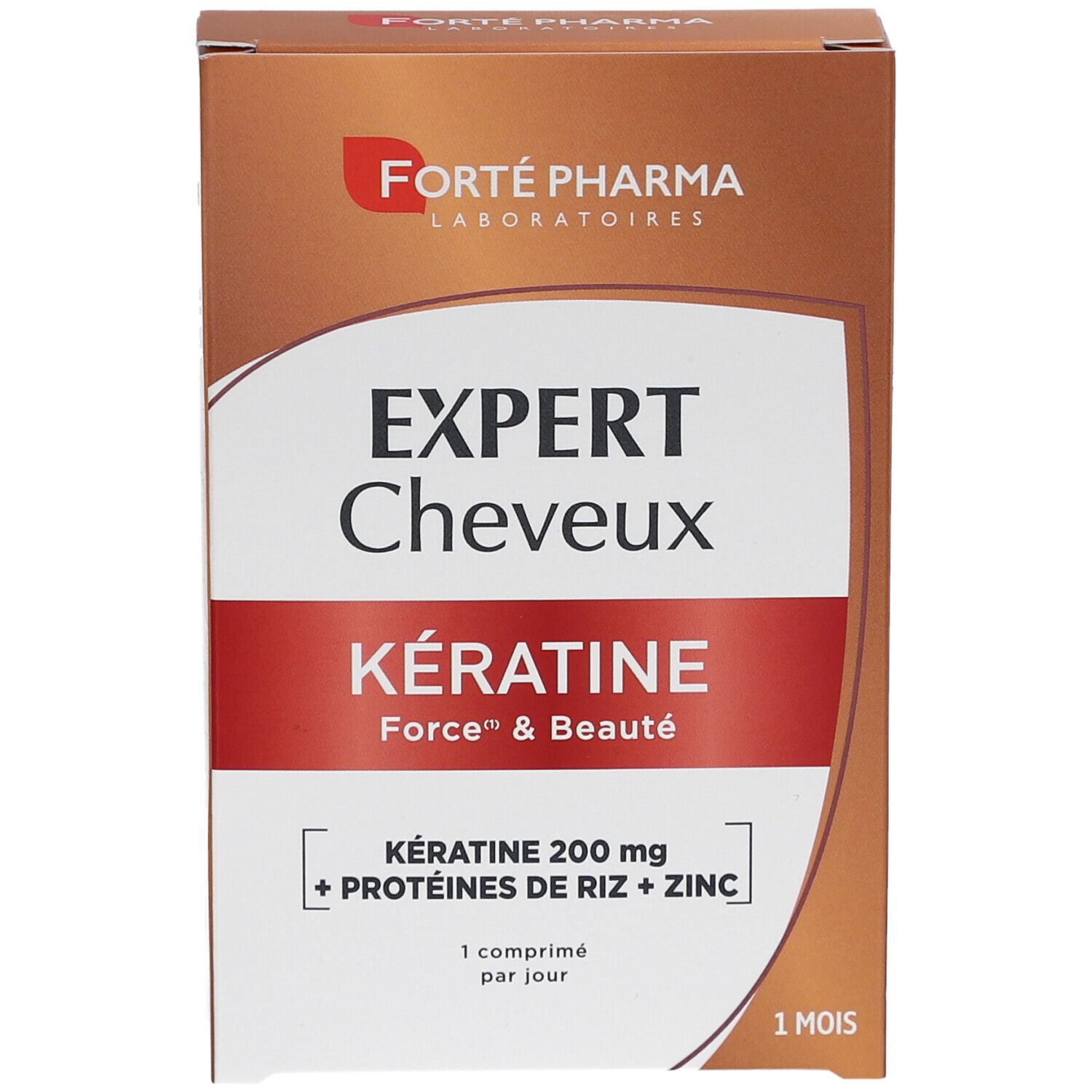 Karton mit EXPERT Cheveux Kératine. Roter Streifen mit Text. Marke: Forté Pharma. Enthält Keratin, Reisproteine und Zink. 1 Monat.