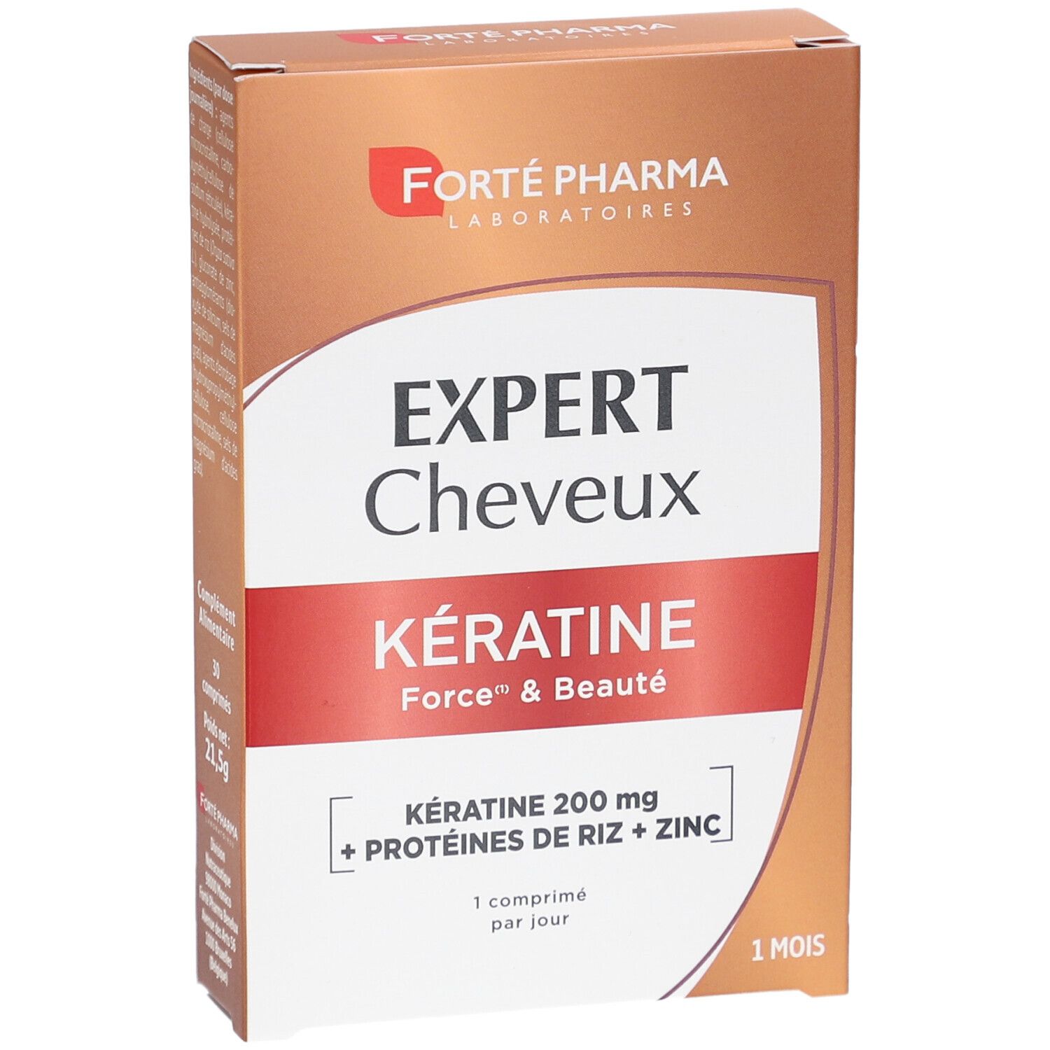 Karton mit EXPERT Cheveux Kératine. Roter Streifen mit Text. Marke: Forté Pharma. Enthält Keratin, Reisproteine und Zink. 1 Monat.