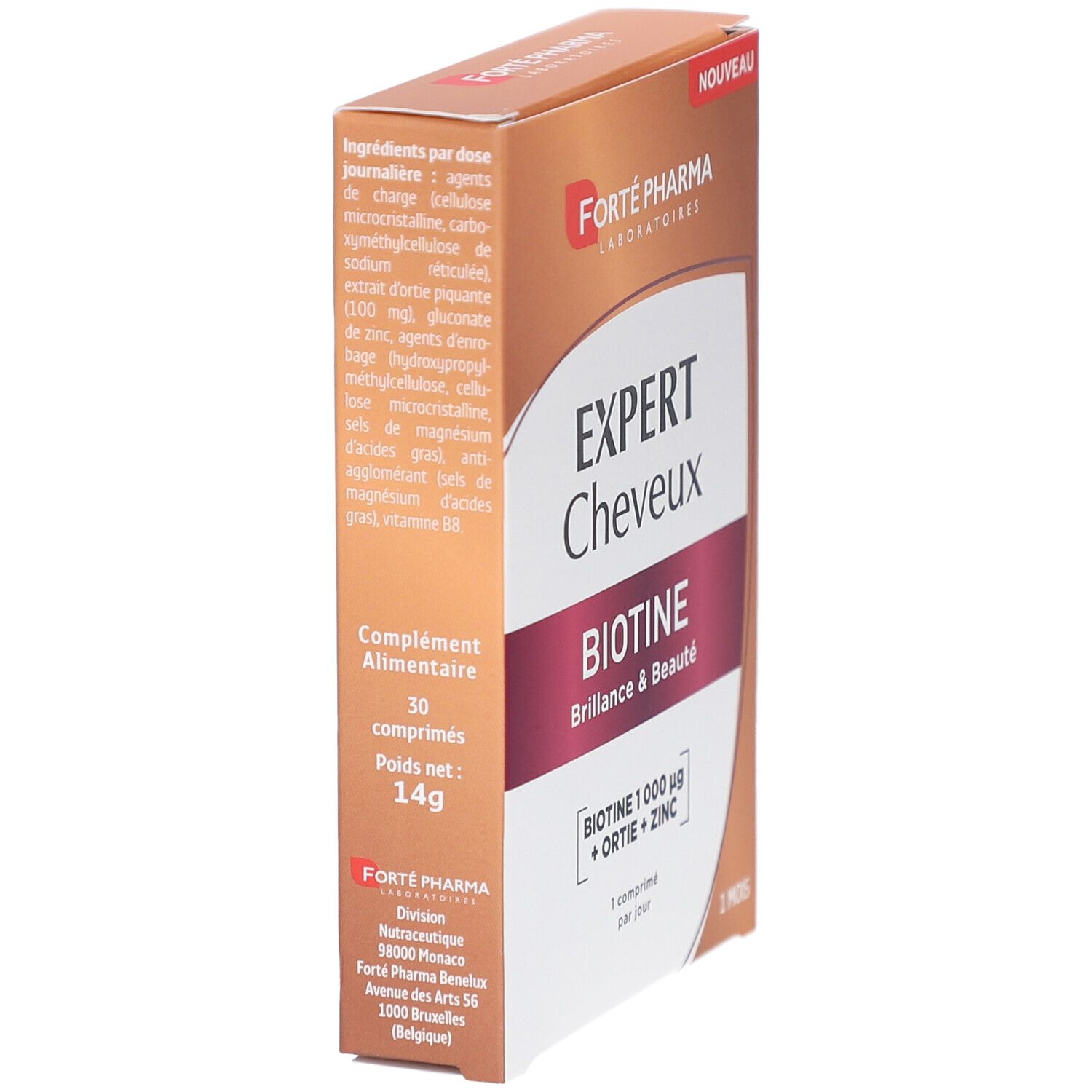 Braune Schachtel. Aufschrift EXPERT Cheveux BIOTINE. Enthält 30 Tabletten. Gewicht 14g. Herstellerinformationen.