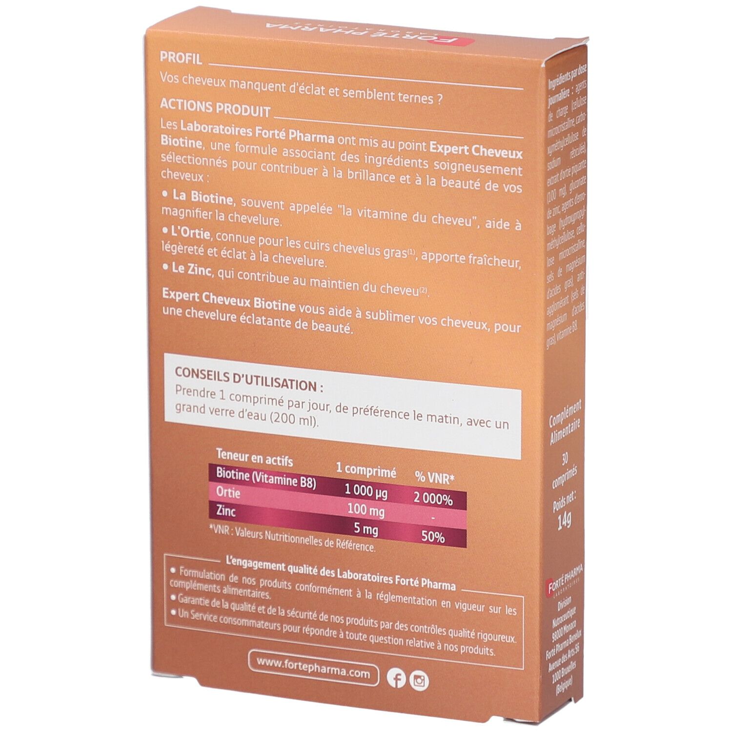 Rückseite der braunen Schachtel. Text über Inhaltsstoffe und Anwendung. Enthält Biotin, Ortiga und Zink.