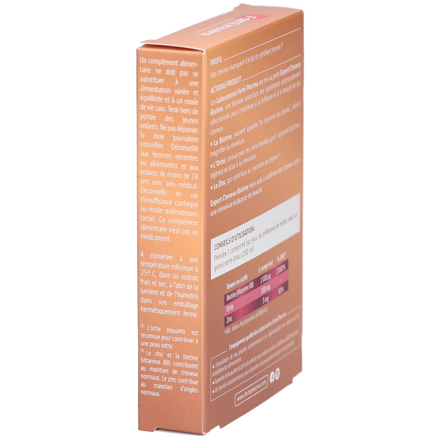 Braune Schachtel, Seitenansicht. Text über Inhaltsstoffe und Anwendung. Enthält Biotin, Ortiga und Zink.