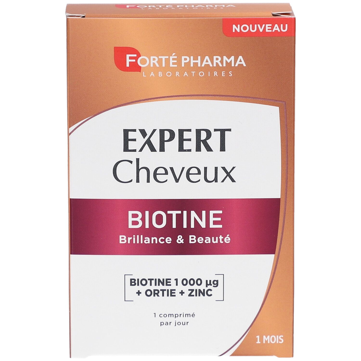 Braune Schachtel. Aufschrift: EXPERT Cheveux BIOTINE. Enthält Biotin, Ortiga und Zink. "Nouveau"-Etikett.