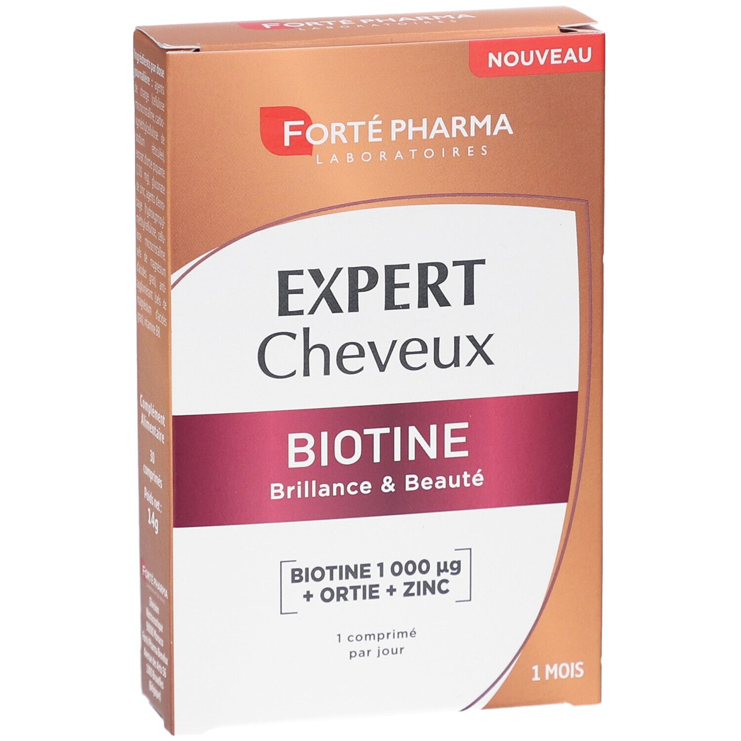 Braune Schachtel. Aufschrift: EXPERT Cheveux BIOTINE. Enthält Biotin, Ortiga und Zink. Gewicht 14g.