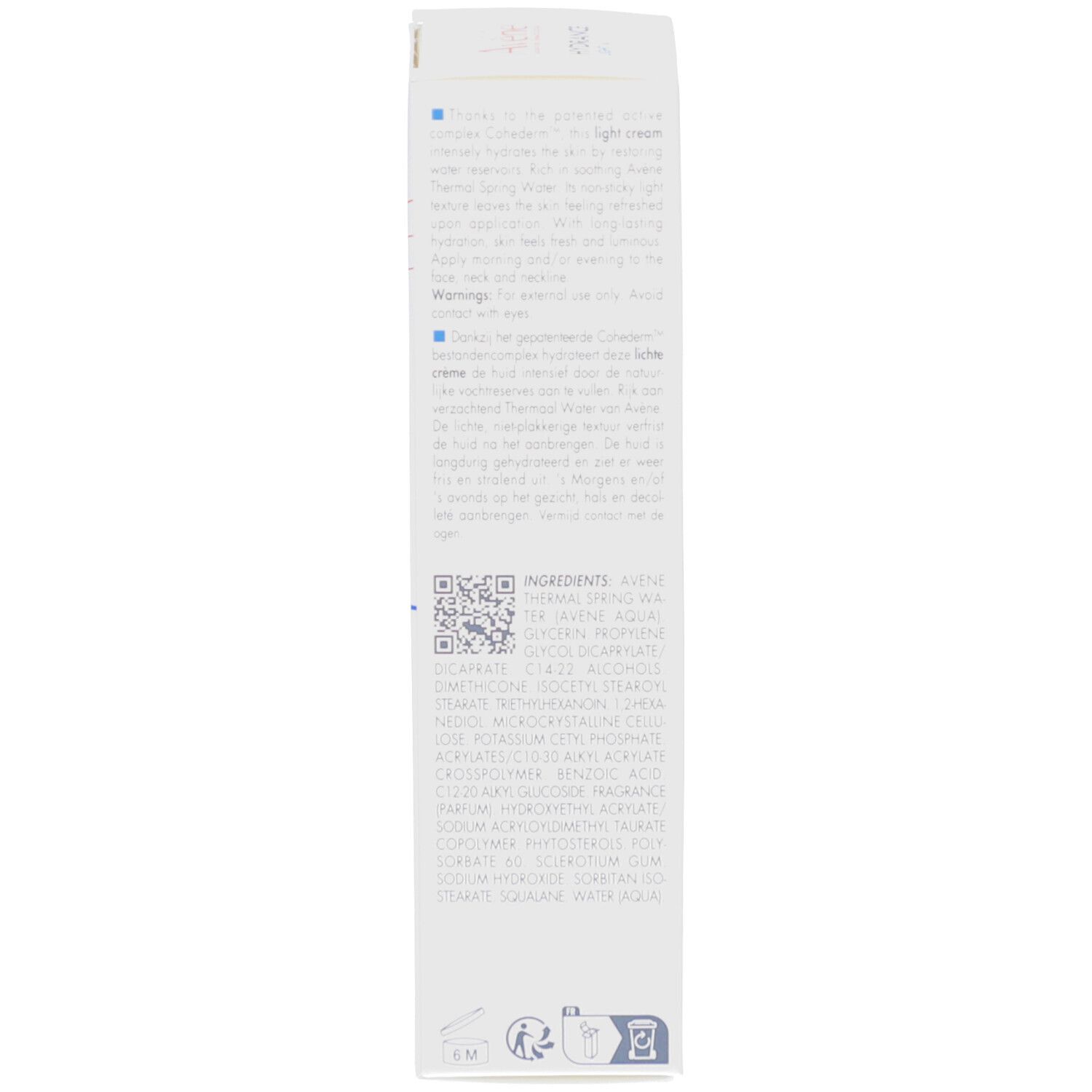 Côté de la boîte blanche. Texte multilingue. Code QR et ingrédients.