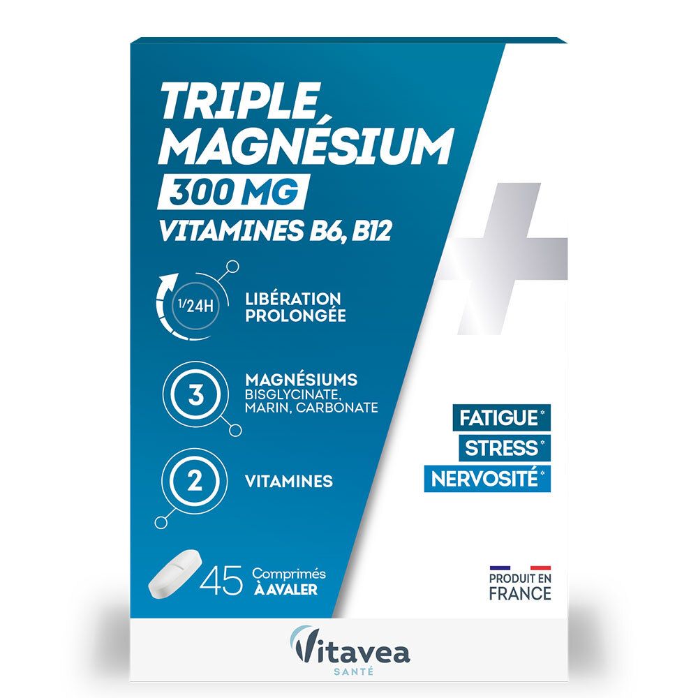 Blau-weiße Verpackung mit Produktinformationen. Enthält Triple Magnesium 300mg, Vitamine B6, B12. 45 Tabletten zum Schlucken. Marke: VitaVea.