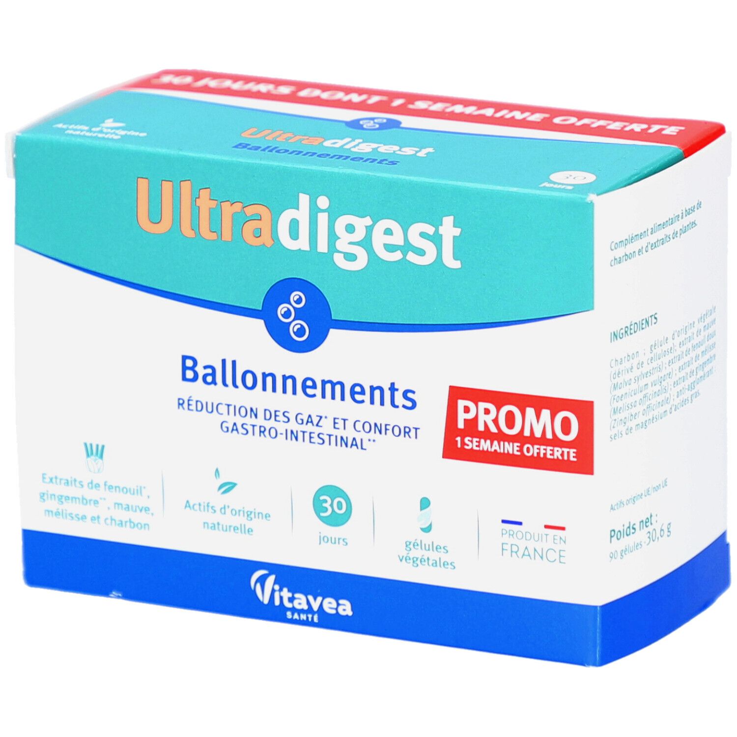 Boîte Ultra digest Ballonnement. Design turquoise et blanc. Contient 30 gélules. Offre promo. Marque Vitae.