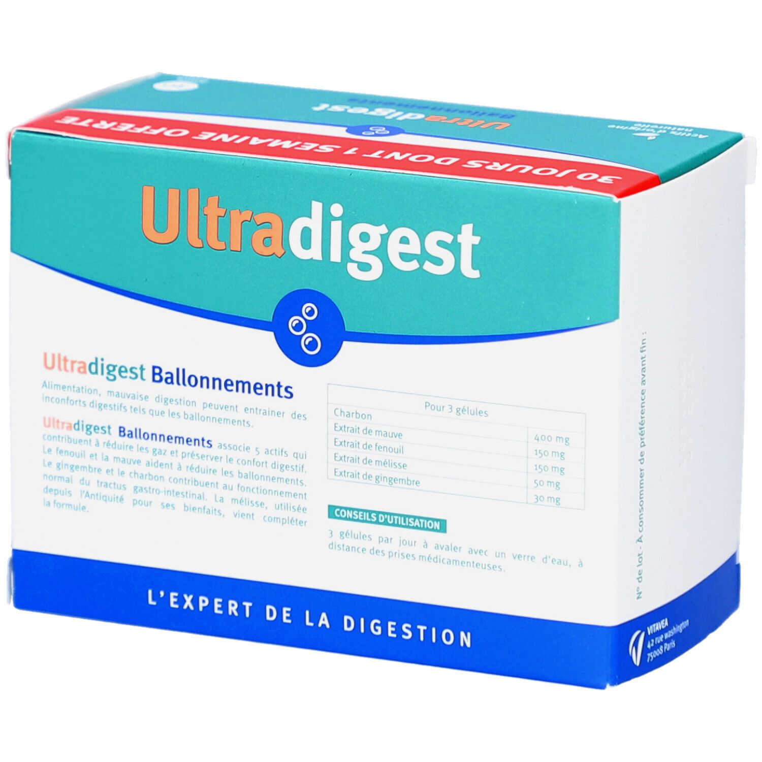 Boîte Ultra digest Ballonnement. Design turquoise et blanc. Contient 30 gélules. Offre promo. Marque Vitae.