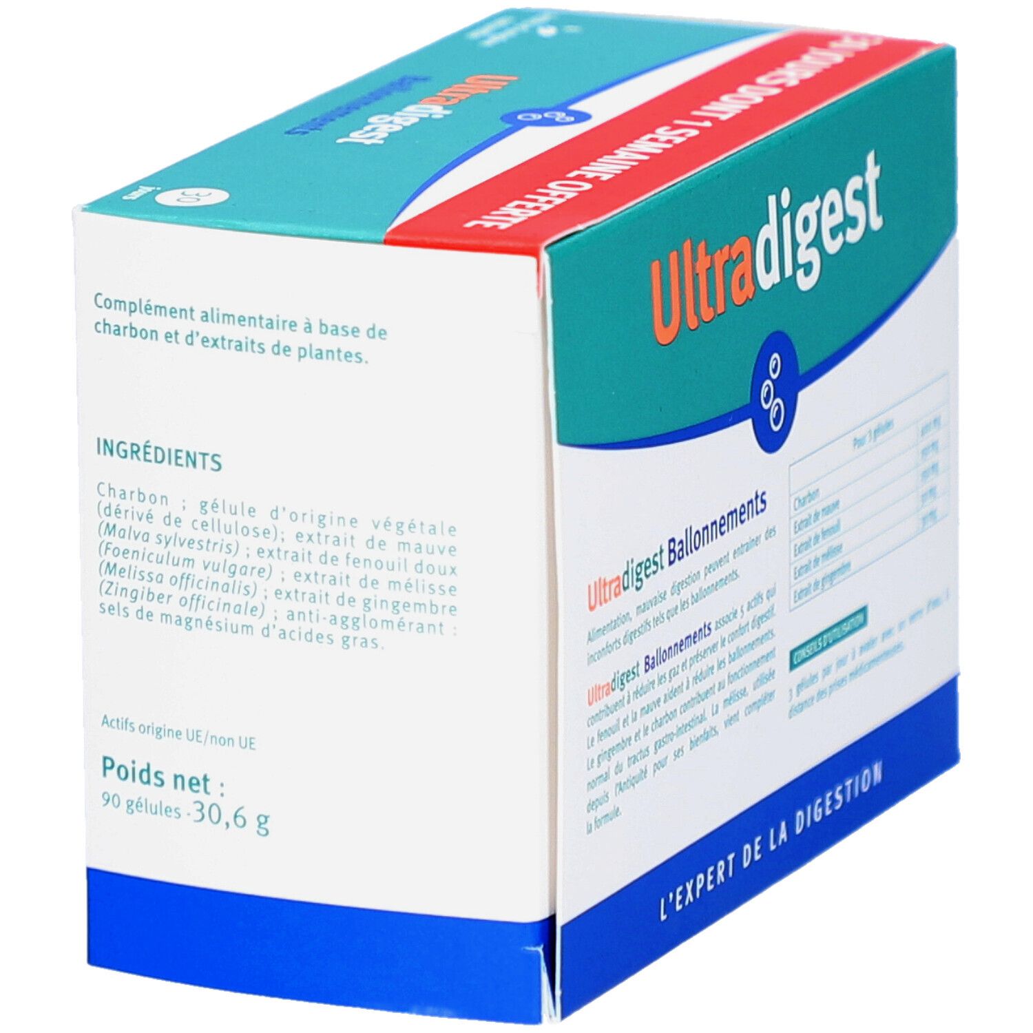 Boîte Ultra digest Ballonnement. Design turquoise et blanc. Contient 30 gélules. Offre promo. Marque Vitae.