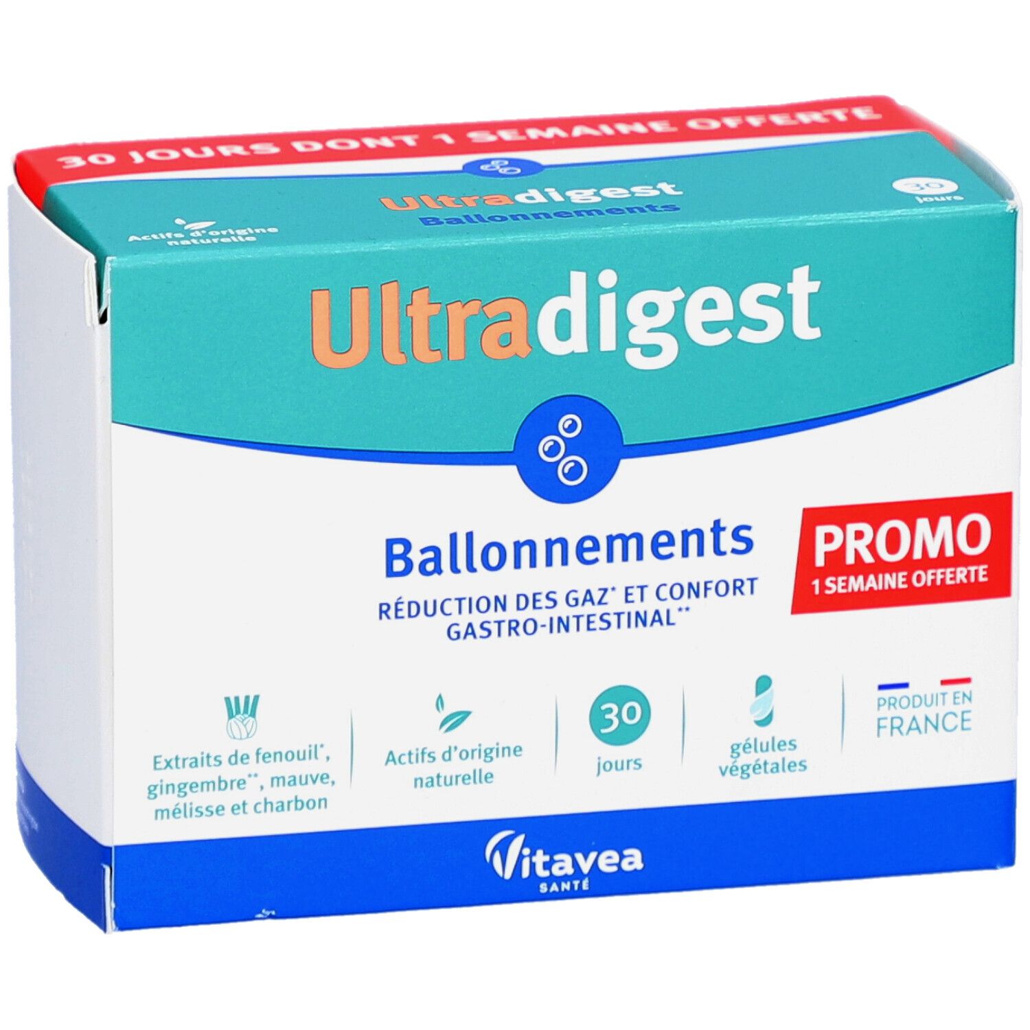 Boîte Ultra digest Ballonnement. Design turquoise et blanc. Contient 30 gélules. Offre promo. Marque Vitae.