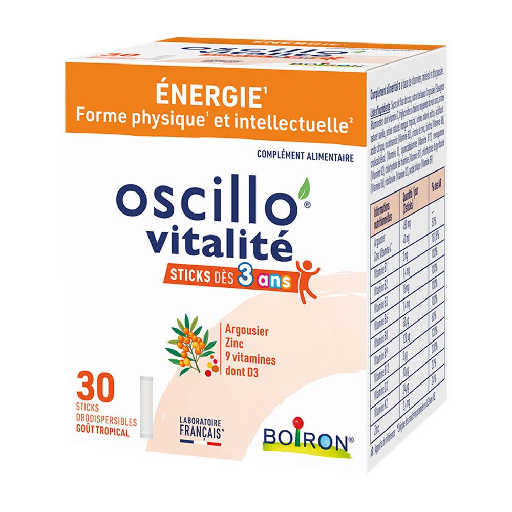 Schachtel mit BOIRON Oscillo Vitalité Sticks für Kinder ab 3 Jahren. Enthält 30 Sticks. Aufschrift: Energie, Forme physique et intellectuelle.