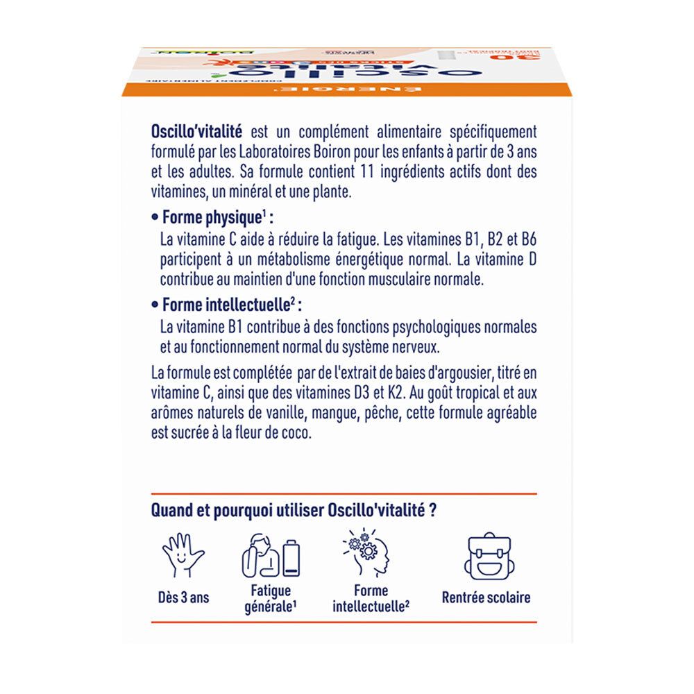 Rückseite der Oscillo Vitalität Kind Packung mit detaillierten Informationen zur Zusammensetzung und Anwendung.