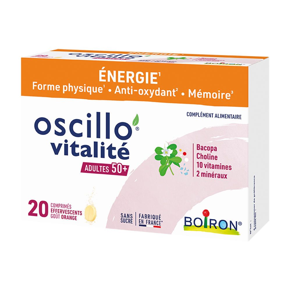 Verpackung von BOIRON Oscillo Vitalité 50+. Weißer Karton mit orangefarbener Oberseite. Enthält 20 Brausetabletten.