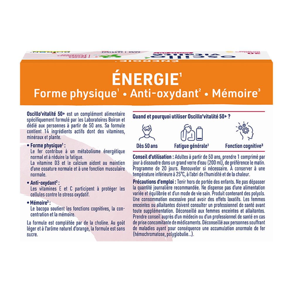 Rückseite der Packung Oscillo Vitalität Erwachsene 50+ mit Informationen zu Energie, Form, Antioxidans und Gedächtnis.