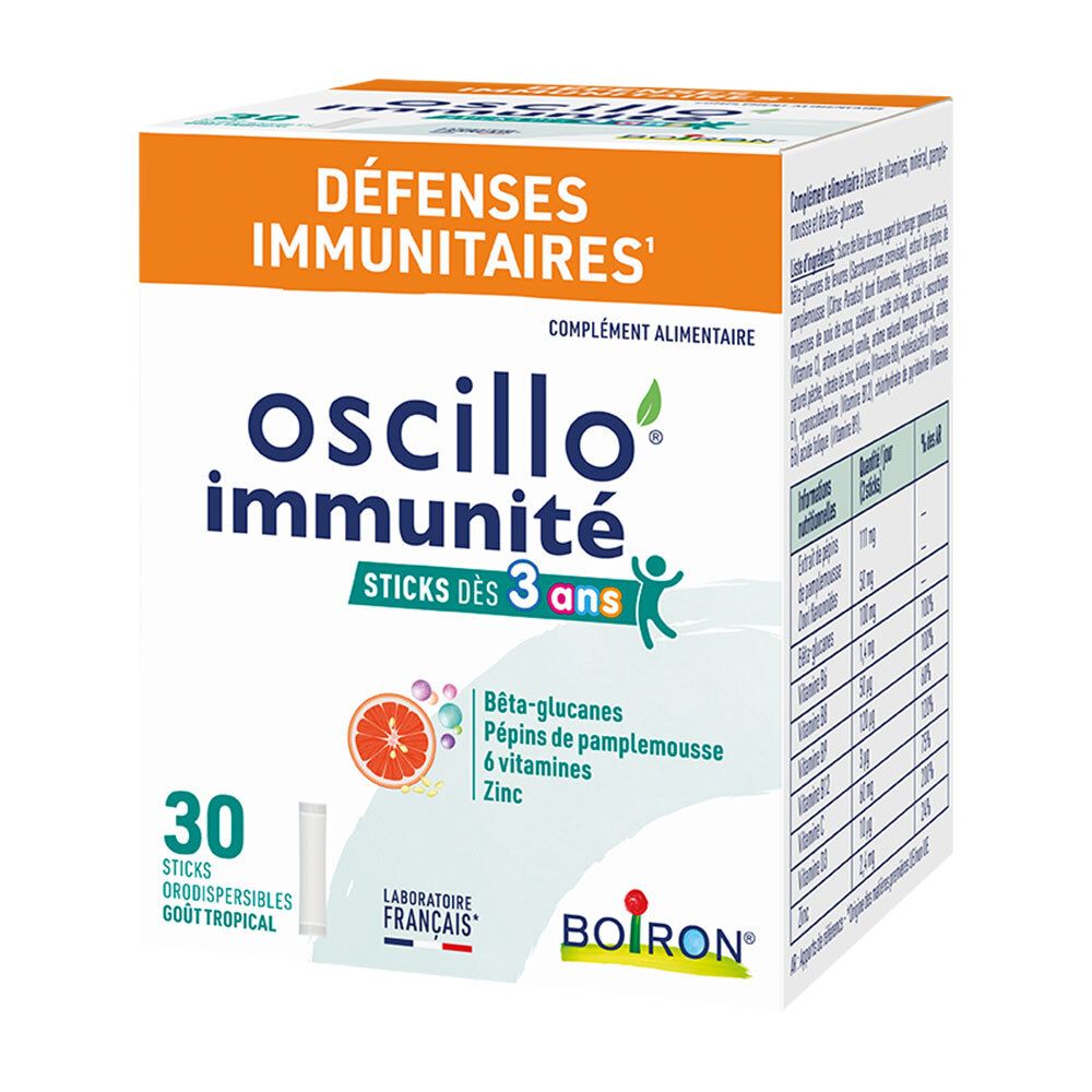 Boîte de sticks Oscillo Immunité. Ingrédients : bêta-glucanes, pépins de pamplemousse, 6 vitamines, zinc. 30 sticks.