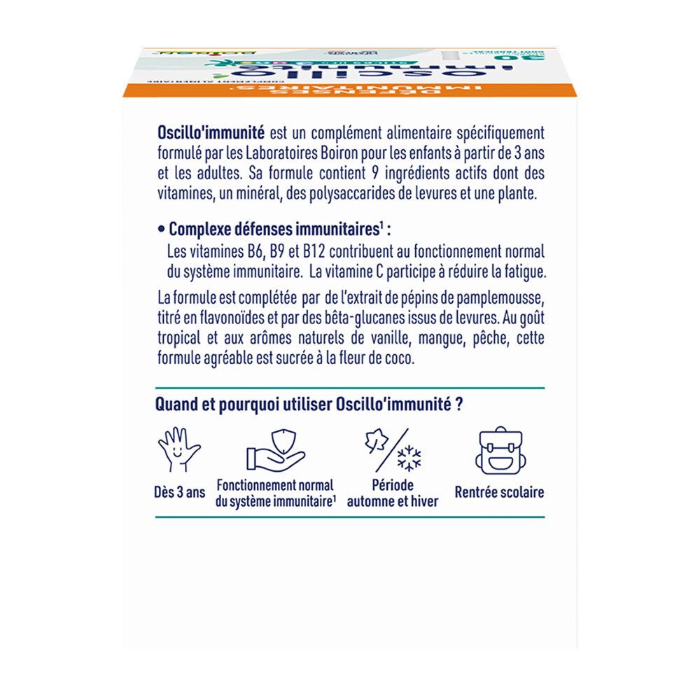 Rückseite der Oscillo Immunité Kind Packung mit Informationen zu Inhaltsstoffen und Anwendung.