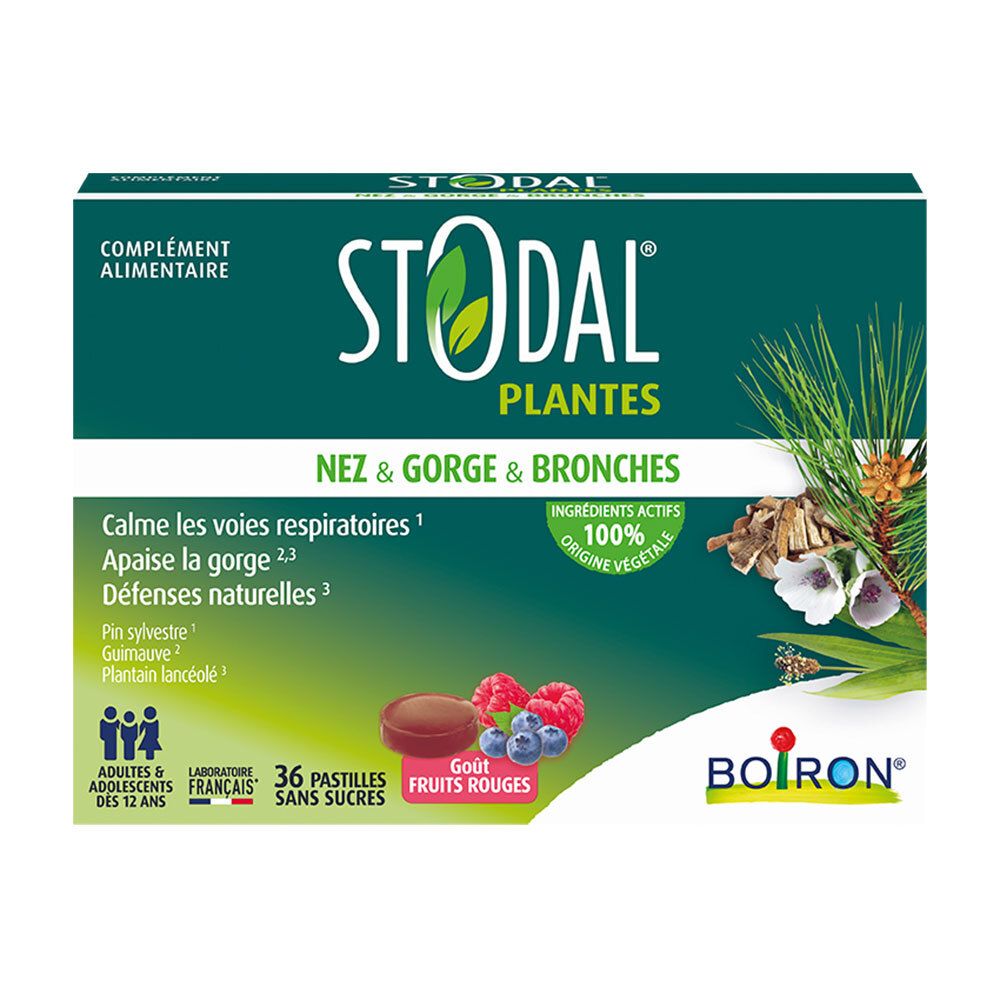 Boiron Stodal Plantes pastilles: boîte avec illustrations de pin et de baies.