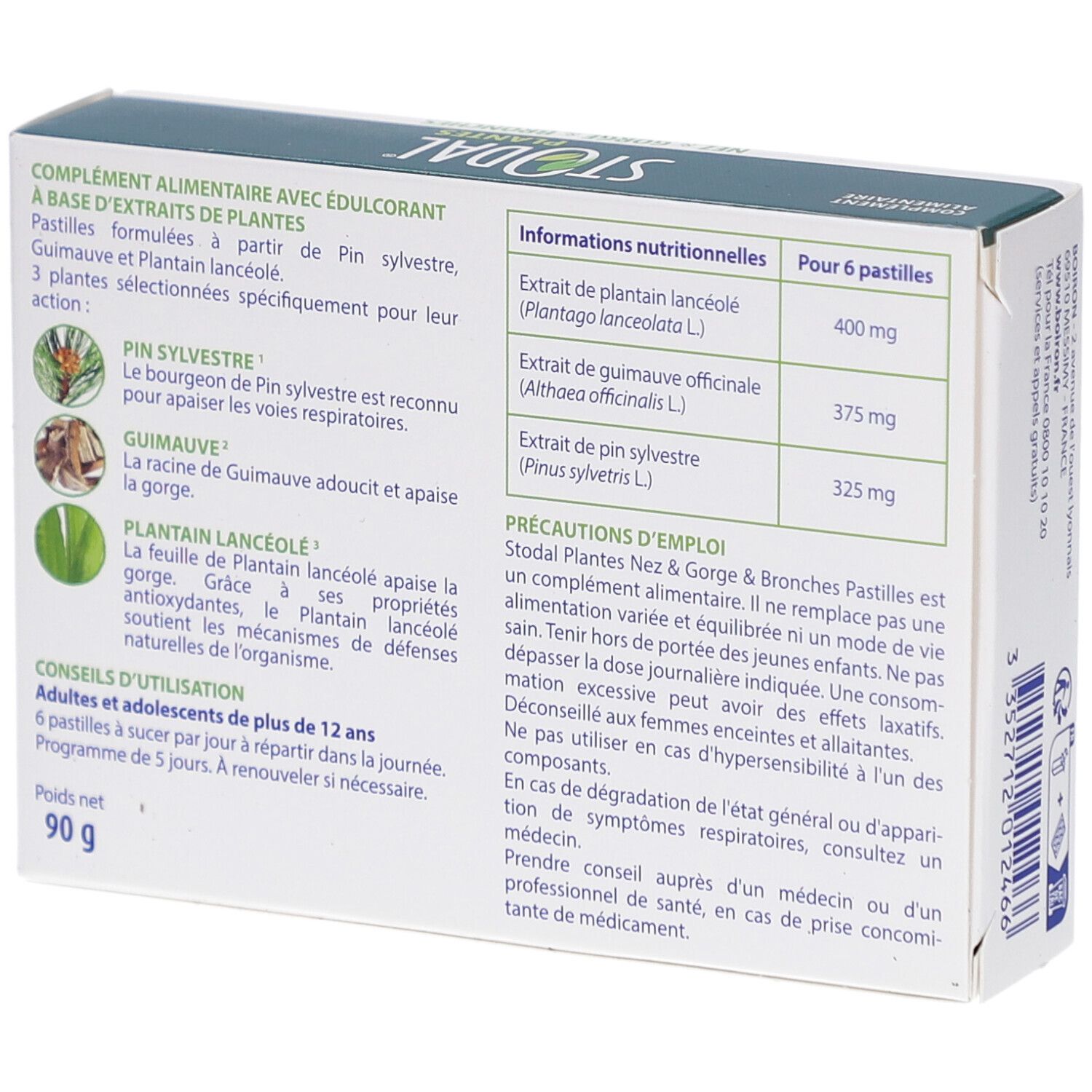 Rückseite der STODAL PLANTES-Schachtel. Informationen zu Inhaltsstoffen und Anwendung. Gewicht: 90 g.