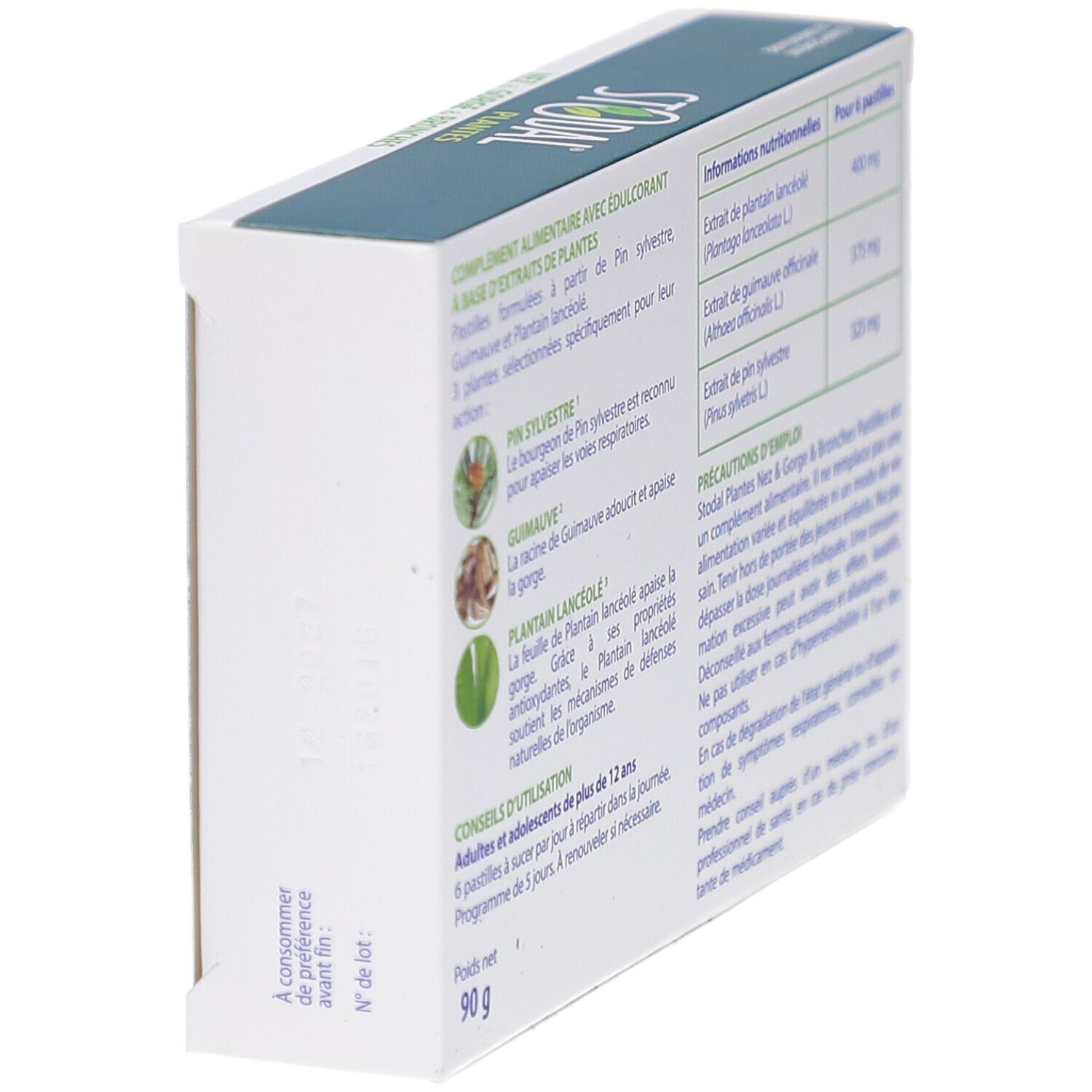 Schrägansicht der Rückseite der STODAL PLANTES-Schachtel. Informationen zu Inhaltsstoffen und Anwendung. Gewicht: 90 g.