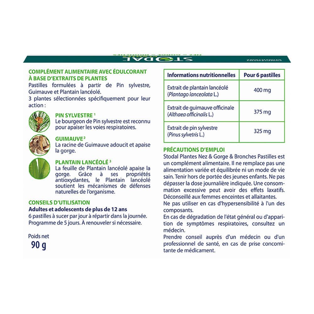 Rückseite der Packung mit Nährwertangaben und Anwendungshinweisen für Stodal Plantes Lutschtabletten.
