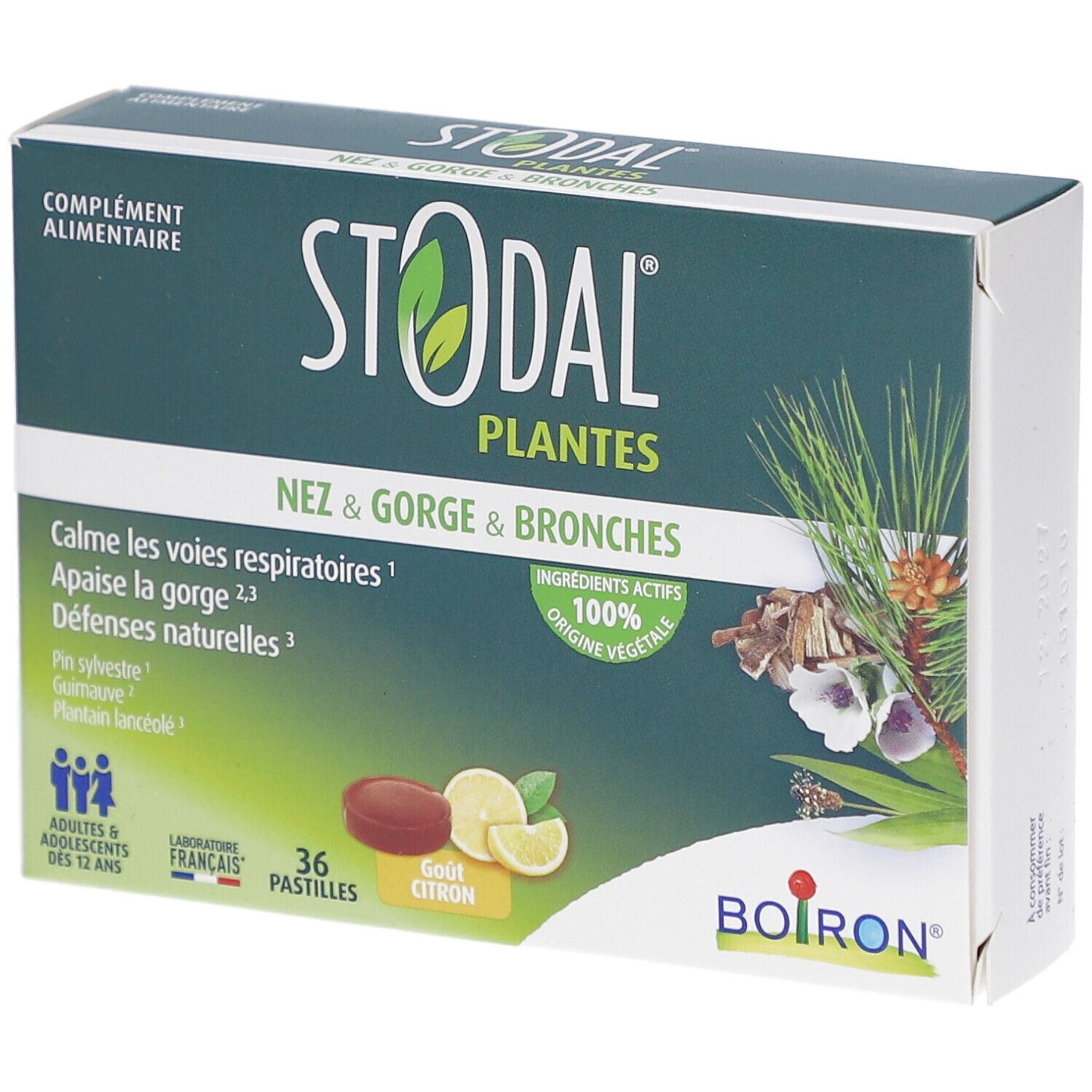 Karton mit STODAL PLANTES PAST CITRON. Grün-weiße Verpackung mit Produktnamen und Illustrationen. 36 Pastillen, Zitronengeschmack.