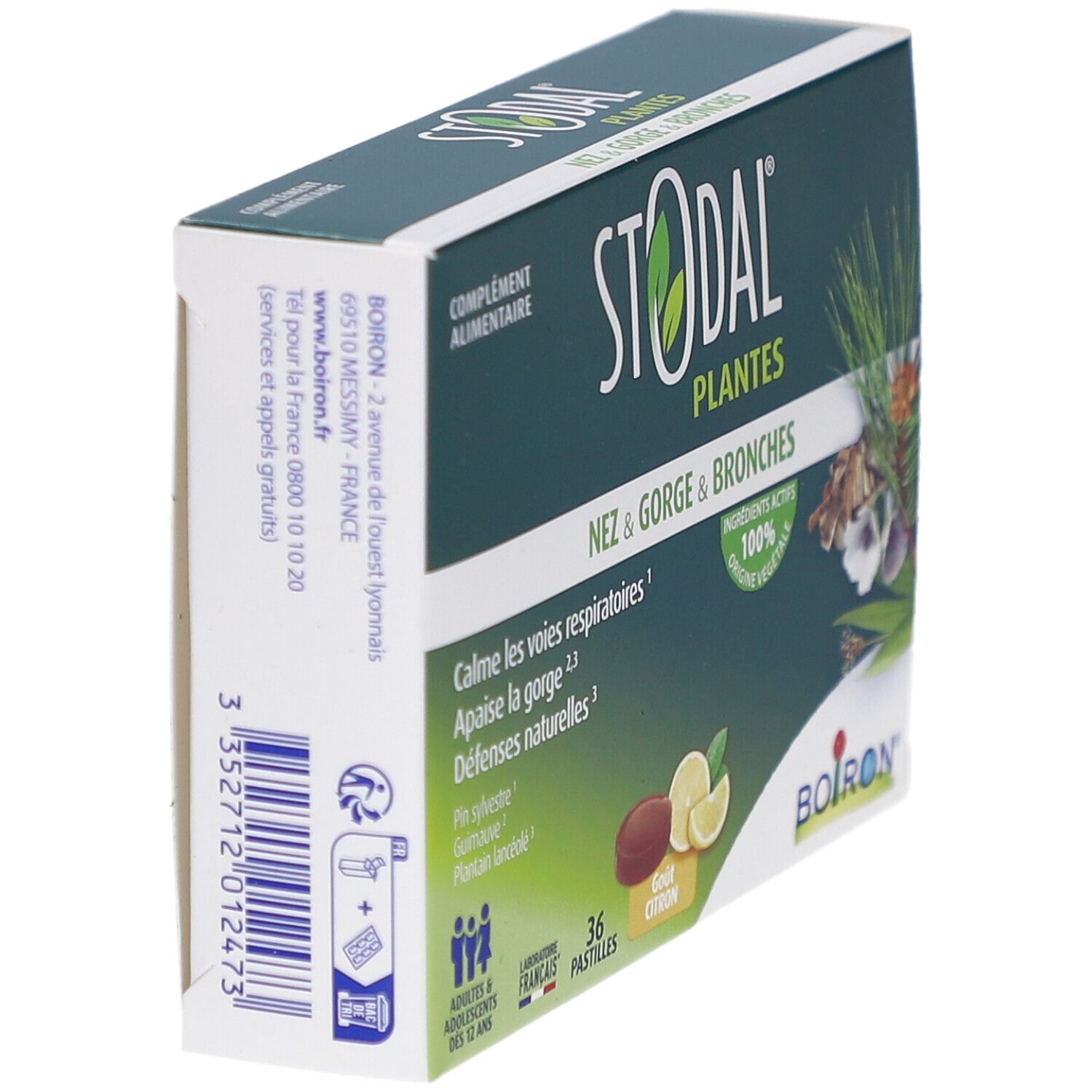 Schräg gestellte Verpackung von STODAL PLANTES PAST CITRON. Grün-weiße Schachtel mit Produktnamen und Text. Boiron-Logo.