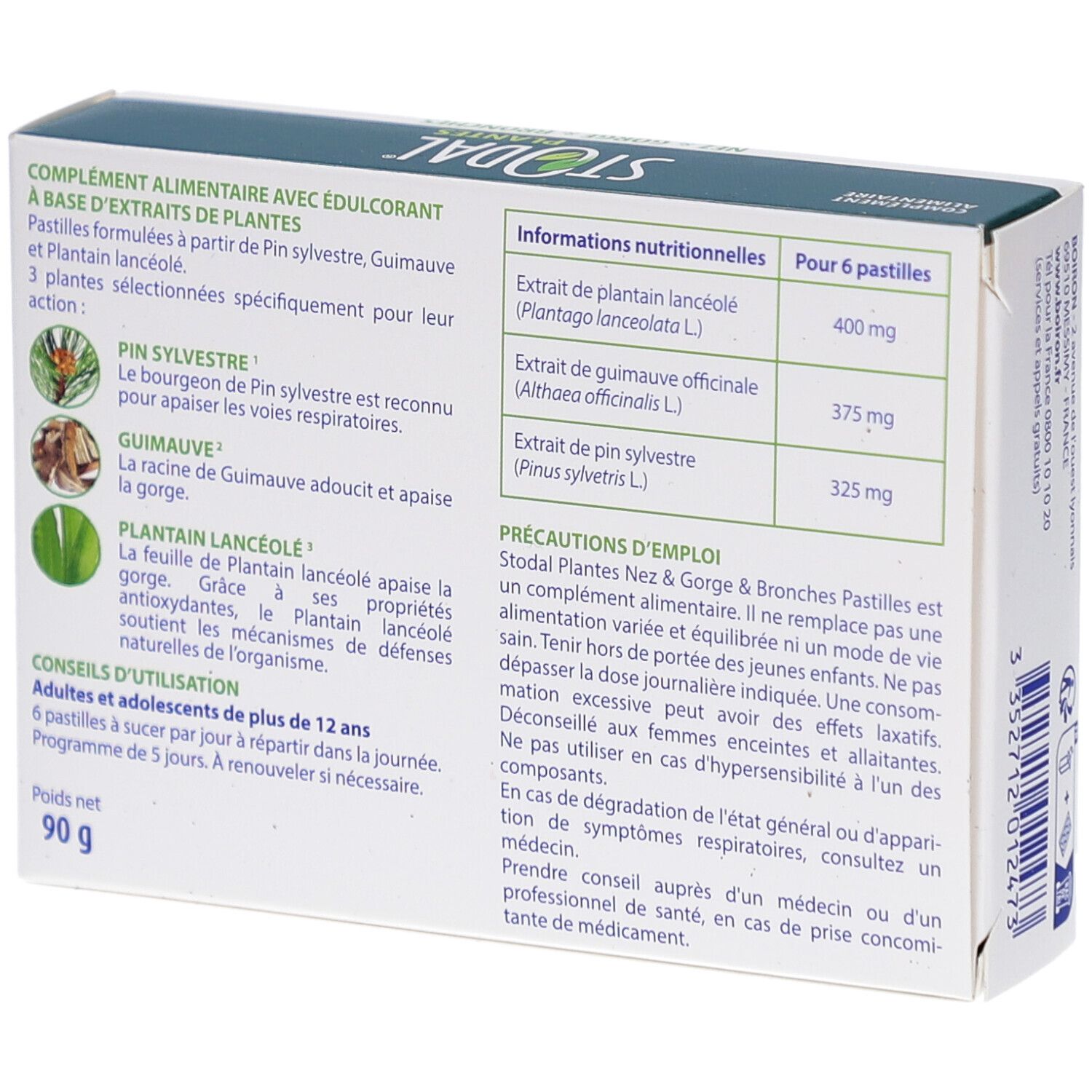 Rückseite der STODAL PLANTES PAST CITRON Verpackung. Text über Inhaltsstoffe und Anwendung. Nährwertangaben.