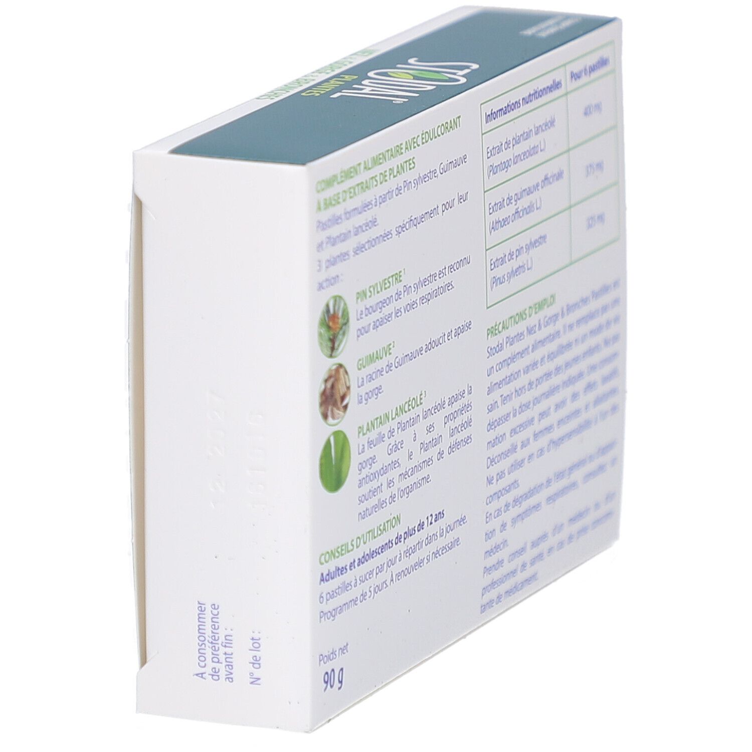 Schräg gestellte Rückseite der STODAL PLANTES PAST CITRON Verpackung. Text und Nährwertangaben. Gewicht 90g.