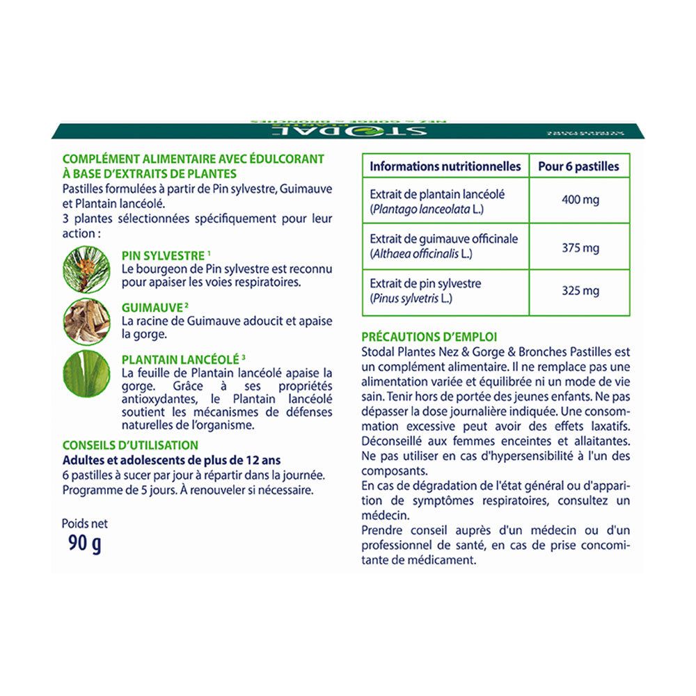 Arrière de la boîte Boiron Stodal Plantes avec informations nutritionnelles et conseils d'utilisation.