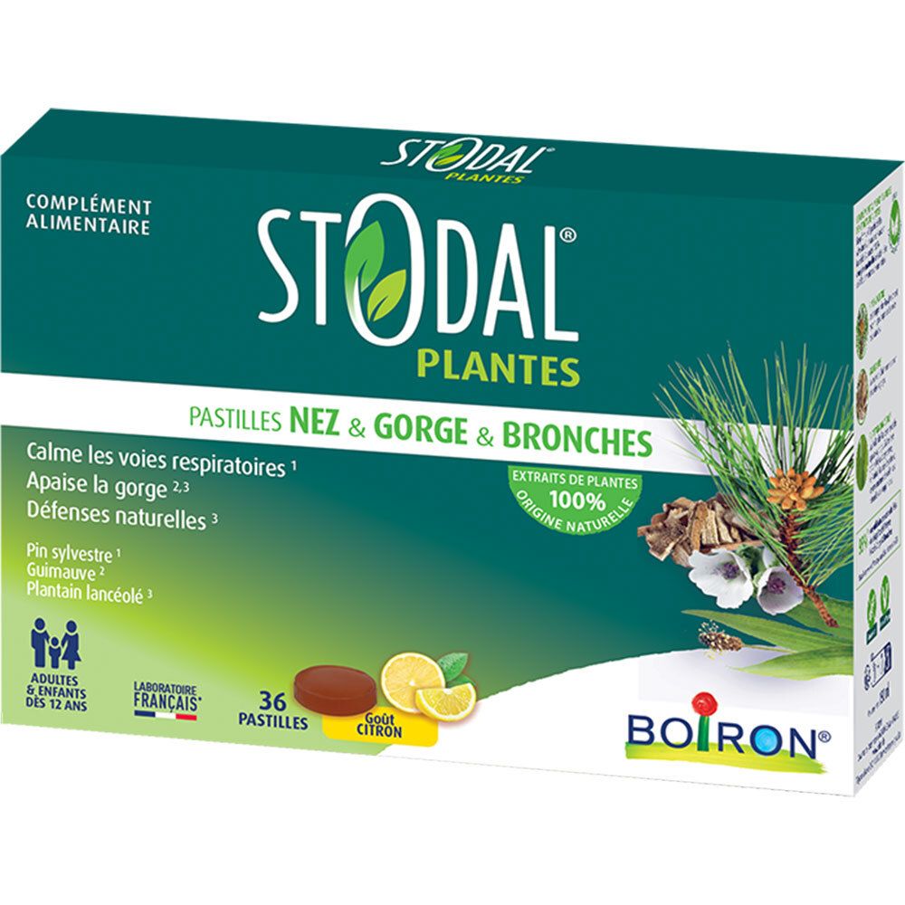 Boîte de 36 pastilles Stodal Plantes Citron pour nez, gorge et bronches.