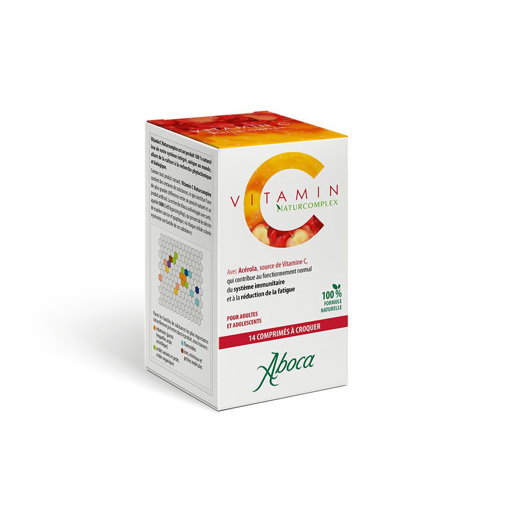 Weiße Schachtel mit Vitamin C Naturcomplex. Aufschrift: 14 Comprimés & Croquer. Aboca Logo.