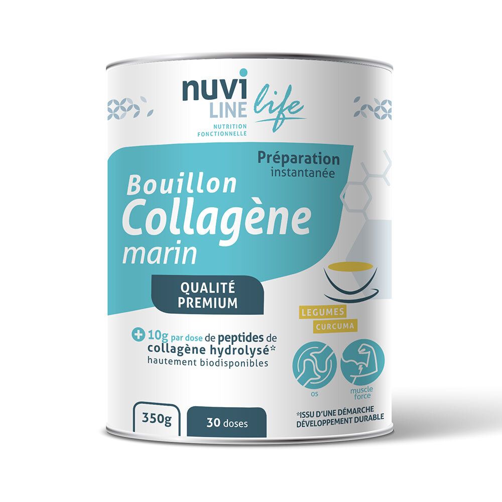 Boîte métallique blanche avec texte bleu-vert. Inscription: Bouillon Collagène marin, 350g, 30 doses. Qualité Premium.