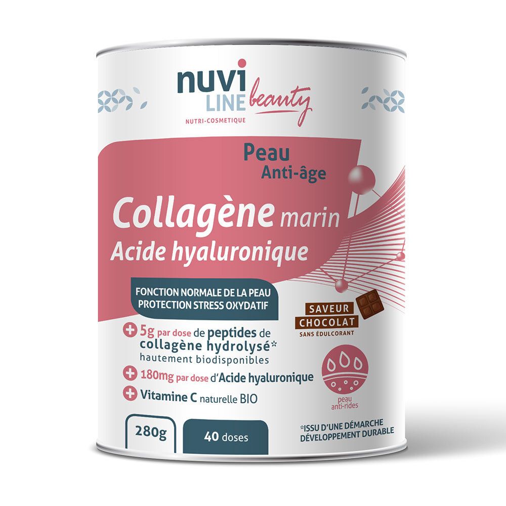 Boîte cylindrique 'Collagène marin'. Étiquette rose et blanche. Contient 280g et 40 doses. Saveur chocolat.